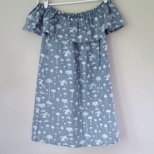 Love Fire Ruffle Off the Shoulder Palm Tree Dress S Blue White